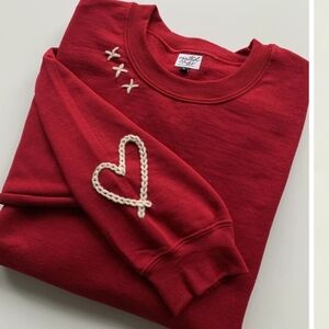 Rooted Rags White Hand Embroidered Red Longsleeve Sweatshirt Womens